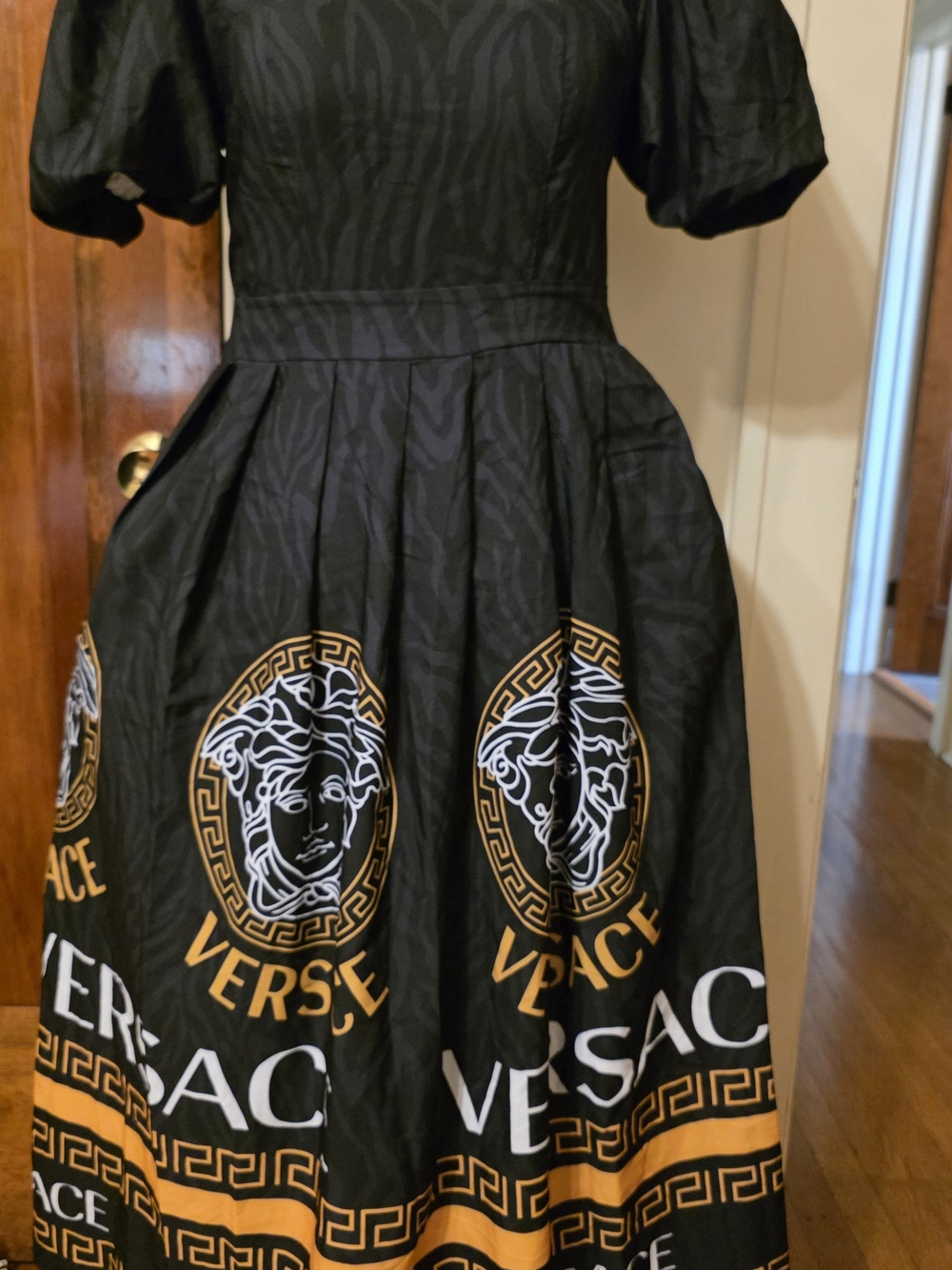 Black & Gold Logo Print Midi Dress